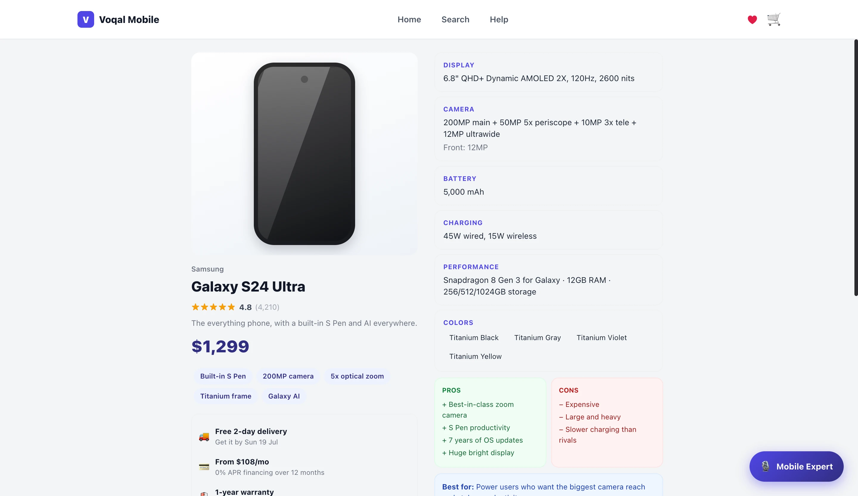 A shopping agent on a product page with the full spec sheet