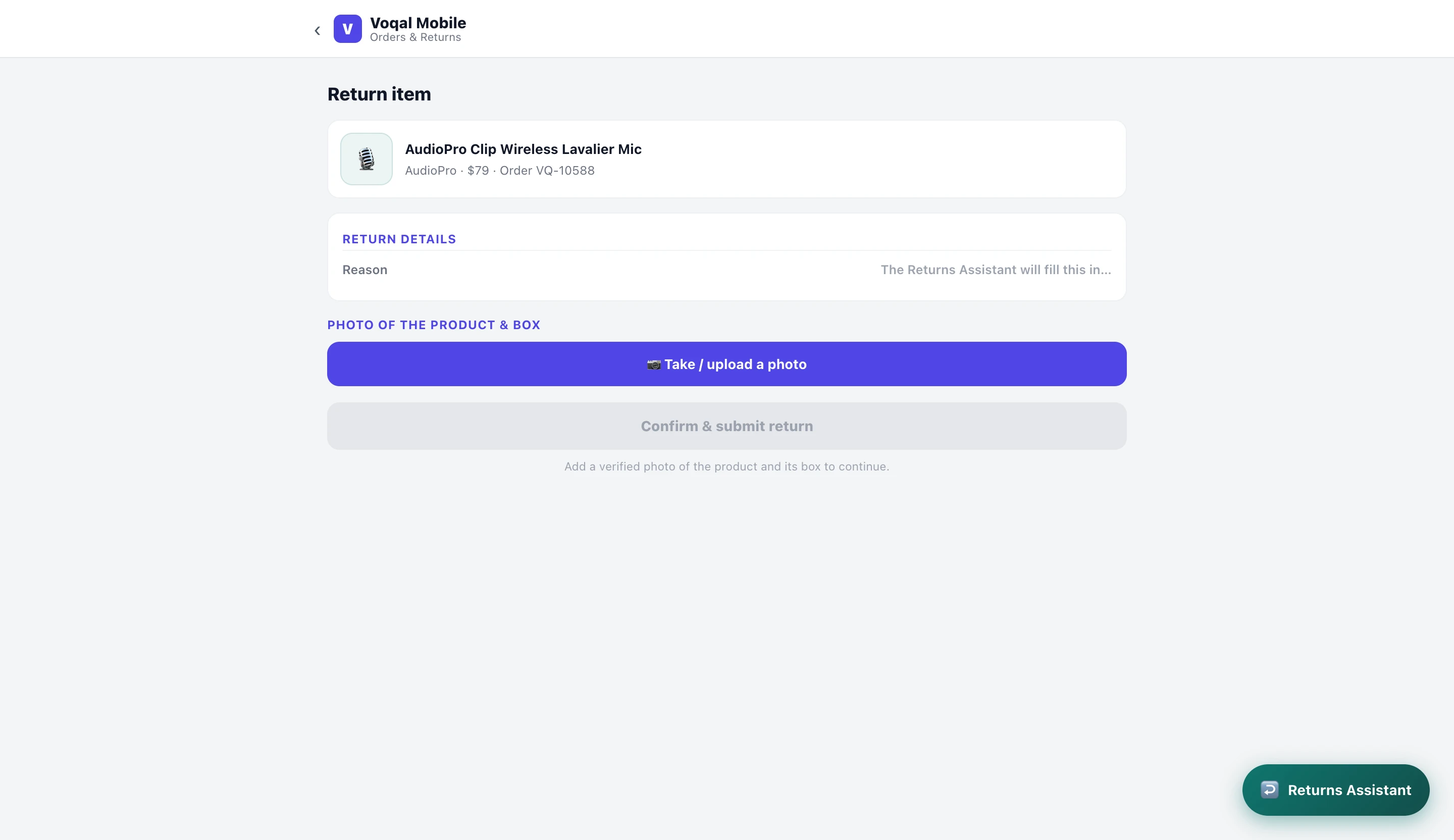 A returns agent asking for a photo of the product with its box