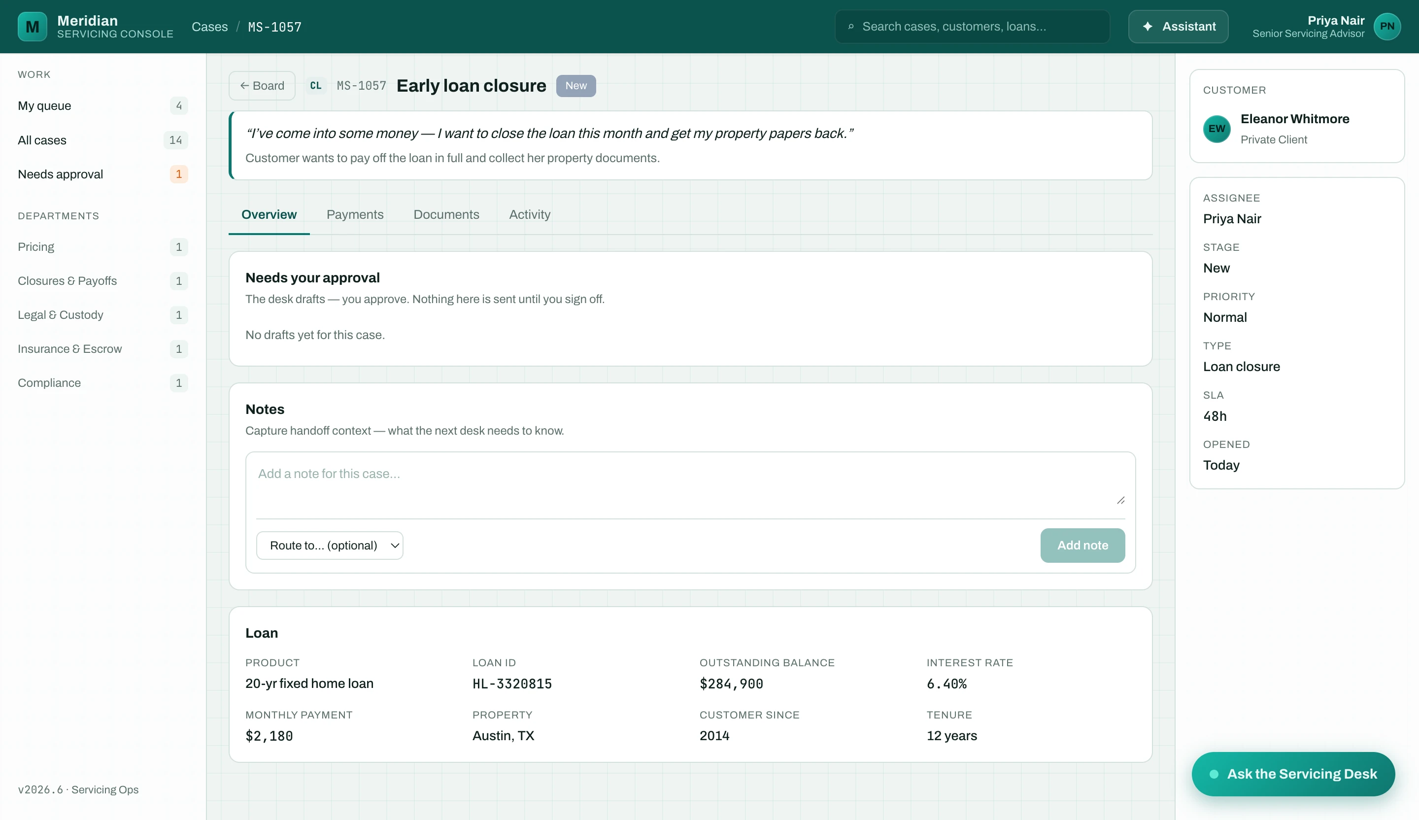 A servicing copilot with a Needs-your-approval draft queue