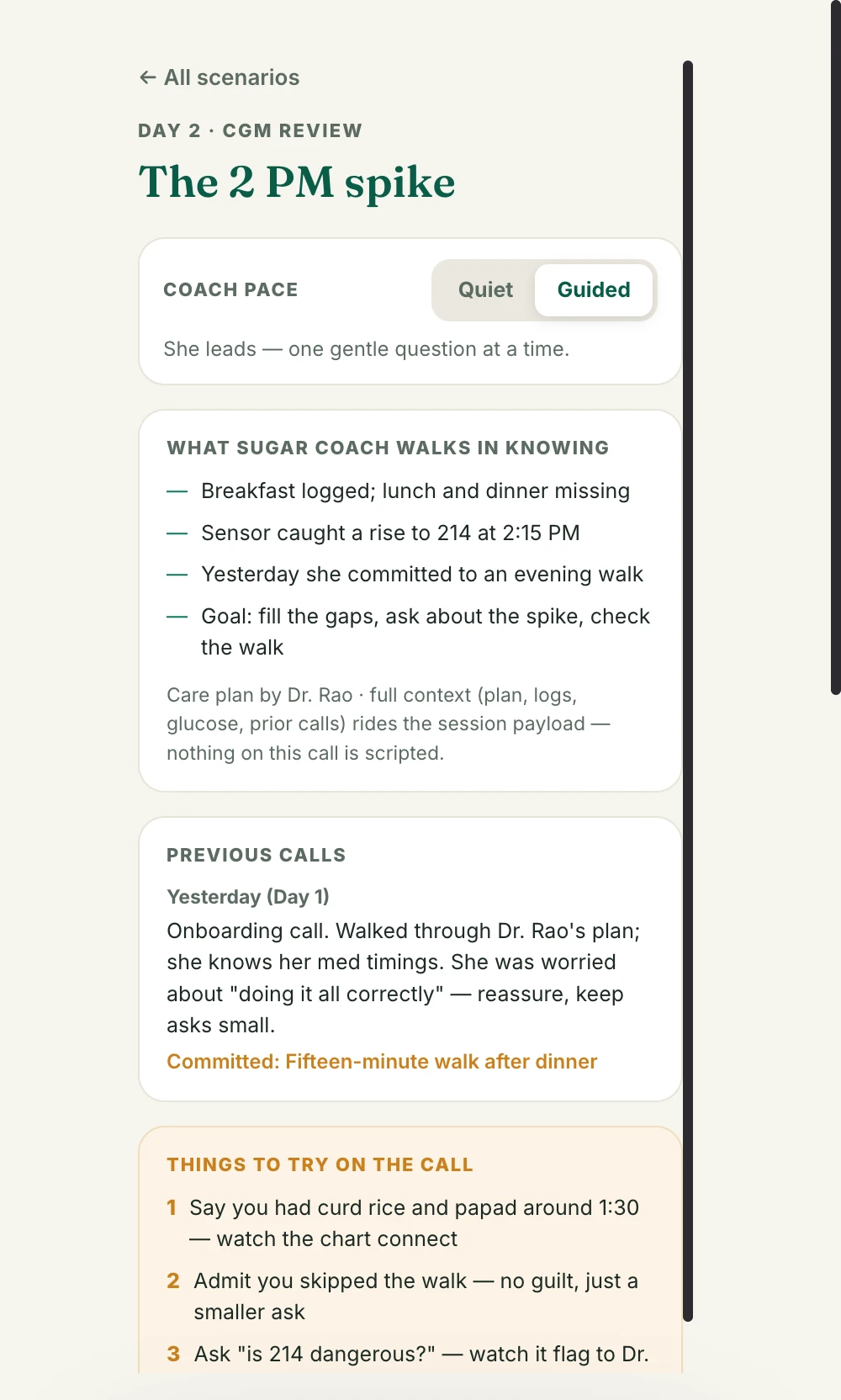 A check-in scenario with logged data and a safety guardrail